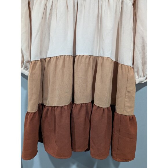 Entro Tri Color Tiered Dress Smocked Back Long Sleeve Tan Brown Boho Peasant L - Picture 4 of 16